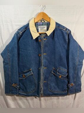 London Fog Women’s Denim Chore Coat Size L Flannel Lined Corduroy Collar Flaws